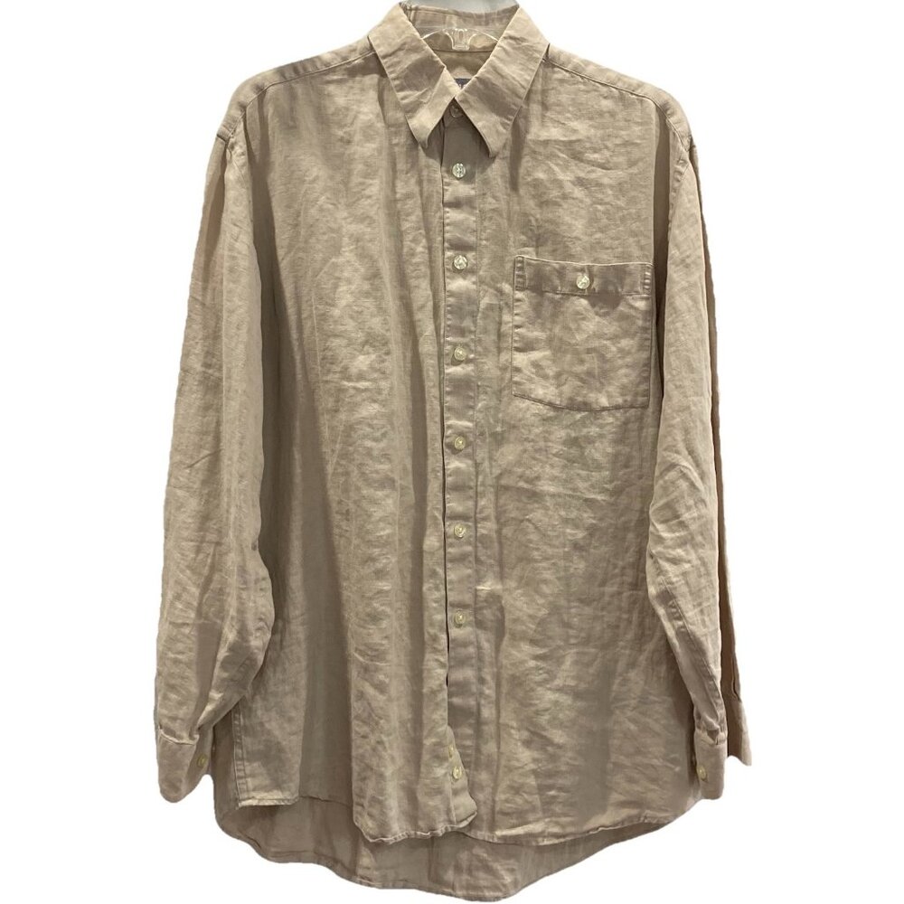 Statements Linen Button Up Shirt Womens M Tan Beige Long Sleeve Top Vintage 90s